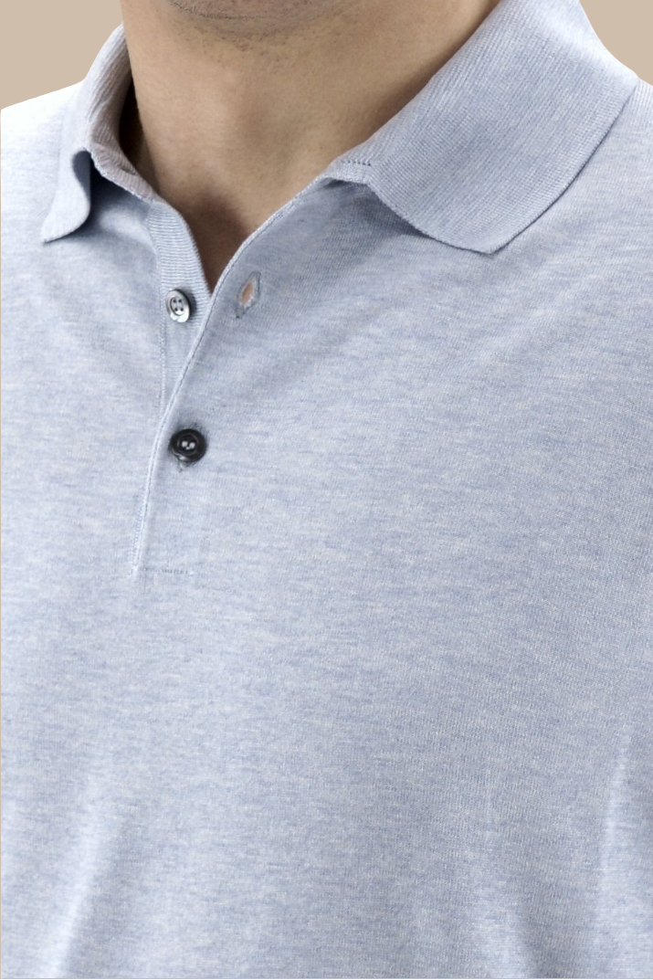 Polo in Maglia Maniche Lunghe Azzurro Cenere 100% Seta