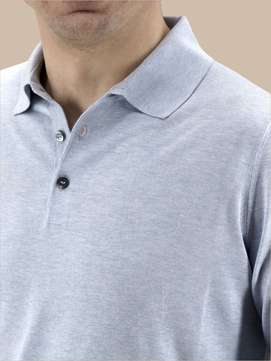 Polo in Maglia Maniche Lunghe Azzurro Cenere 100% Seta