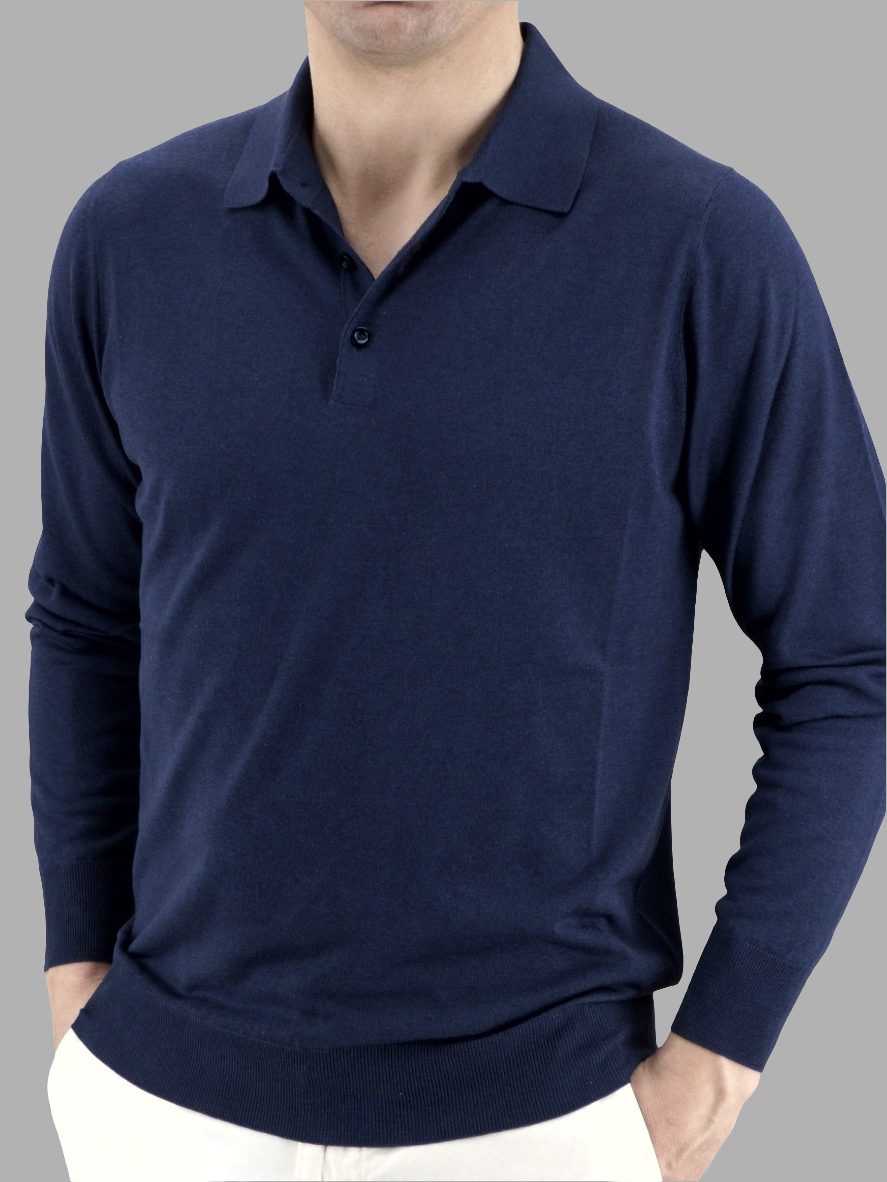 Polo in Maglia Maniche Lunghe Midnight Blue 100% Seta