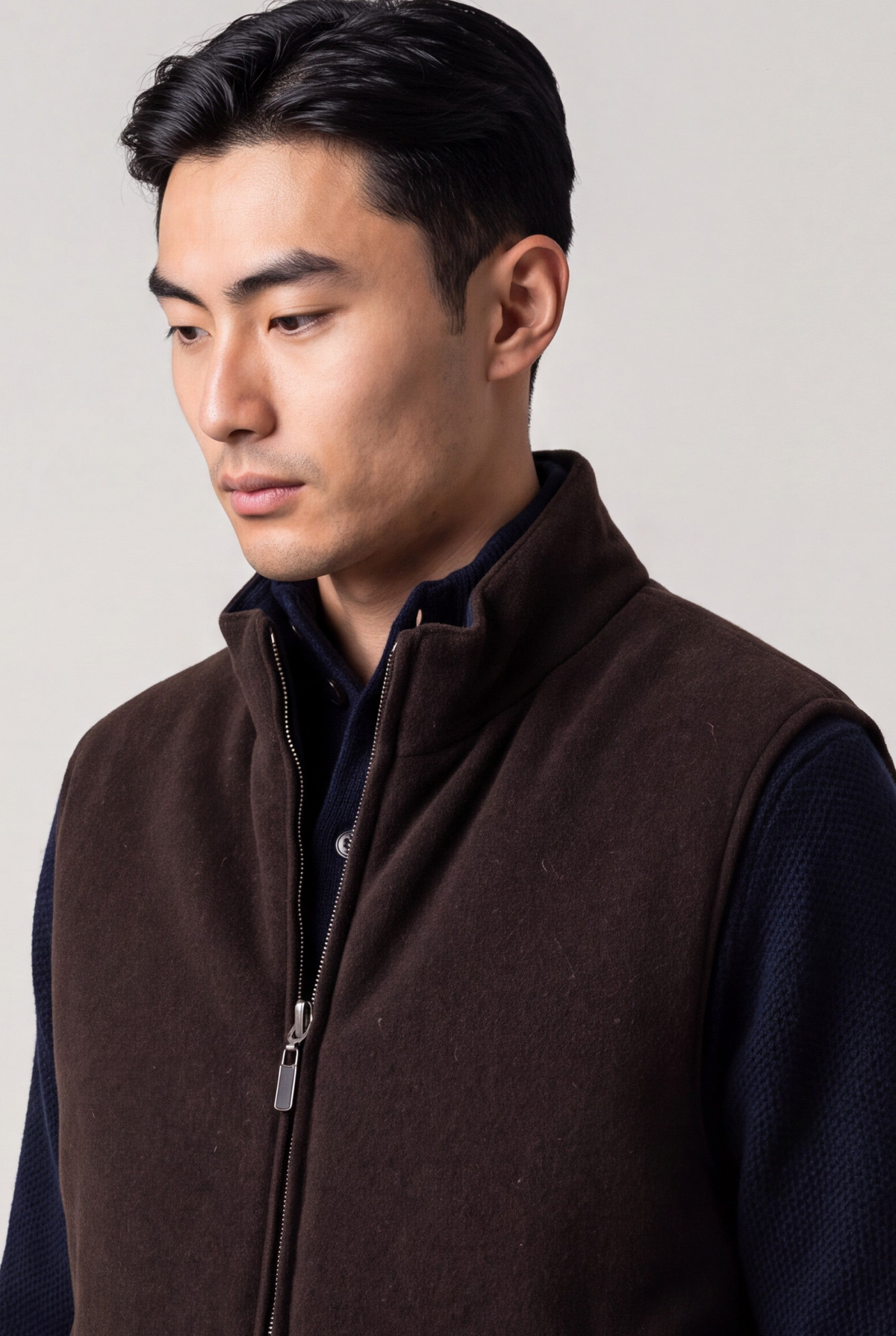 Gilet Reversibile in Tessuto Tecnico e Cashmere Navy/Caffè