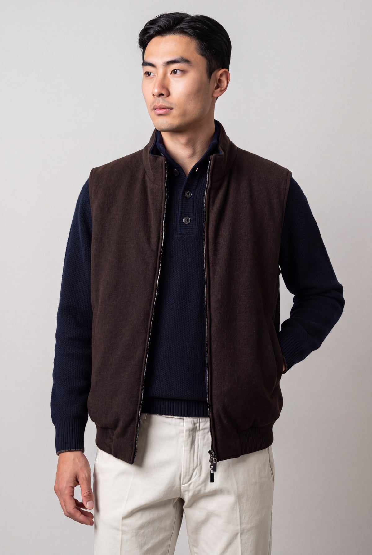 Gilet Reversibile in Tessuto Tecnico e Cashmere Navy/Caffè