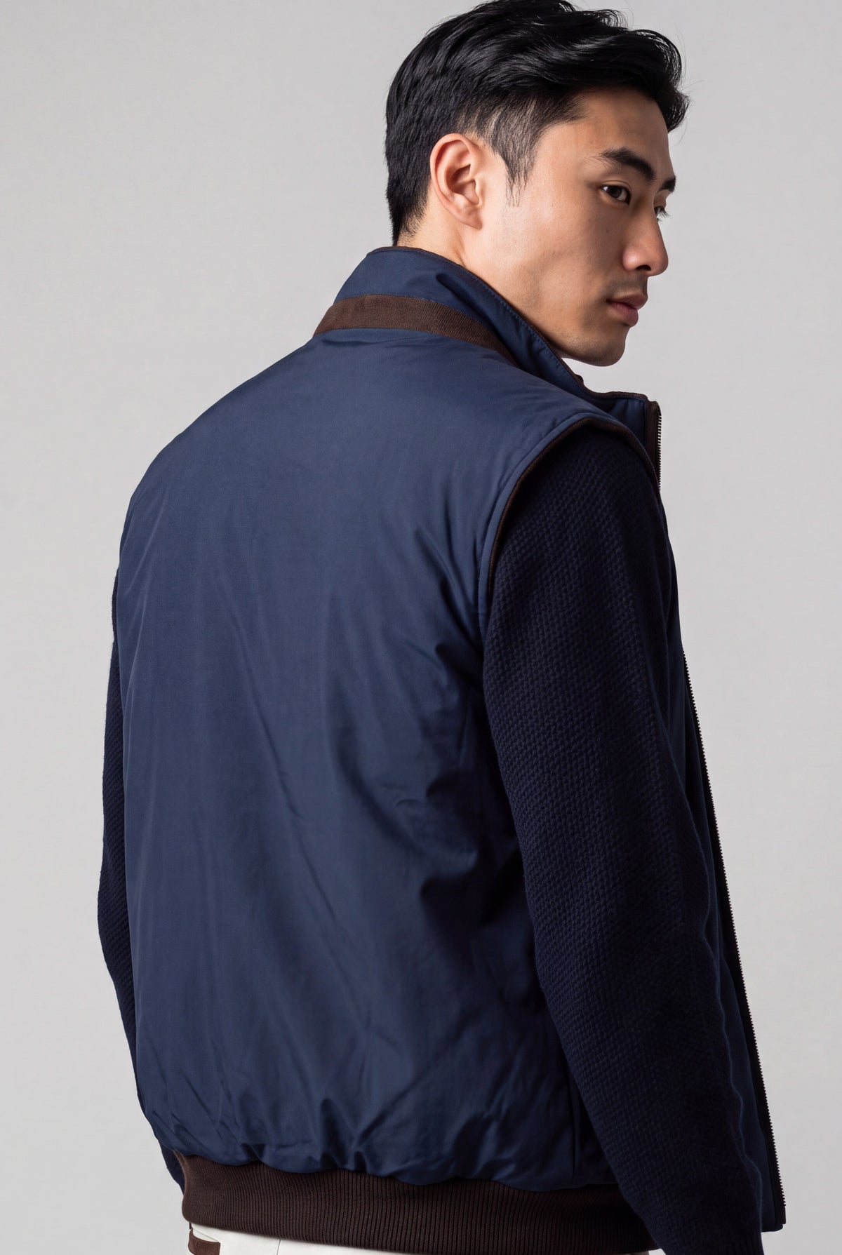 Gilet Reversibile in Tessuto Tecnico e Cashmere Navy/Caffè