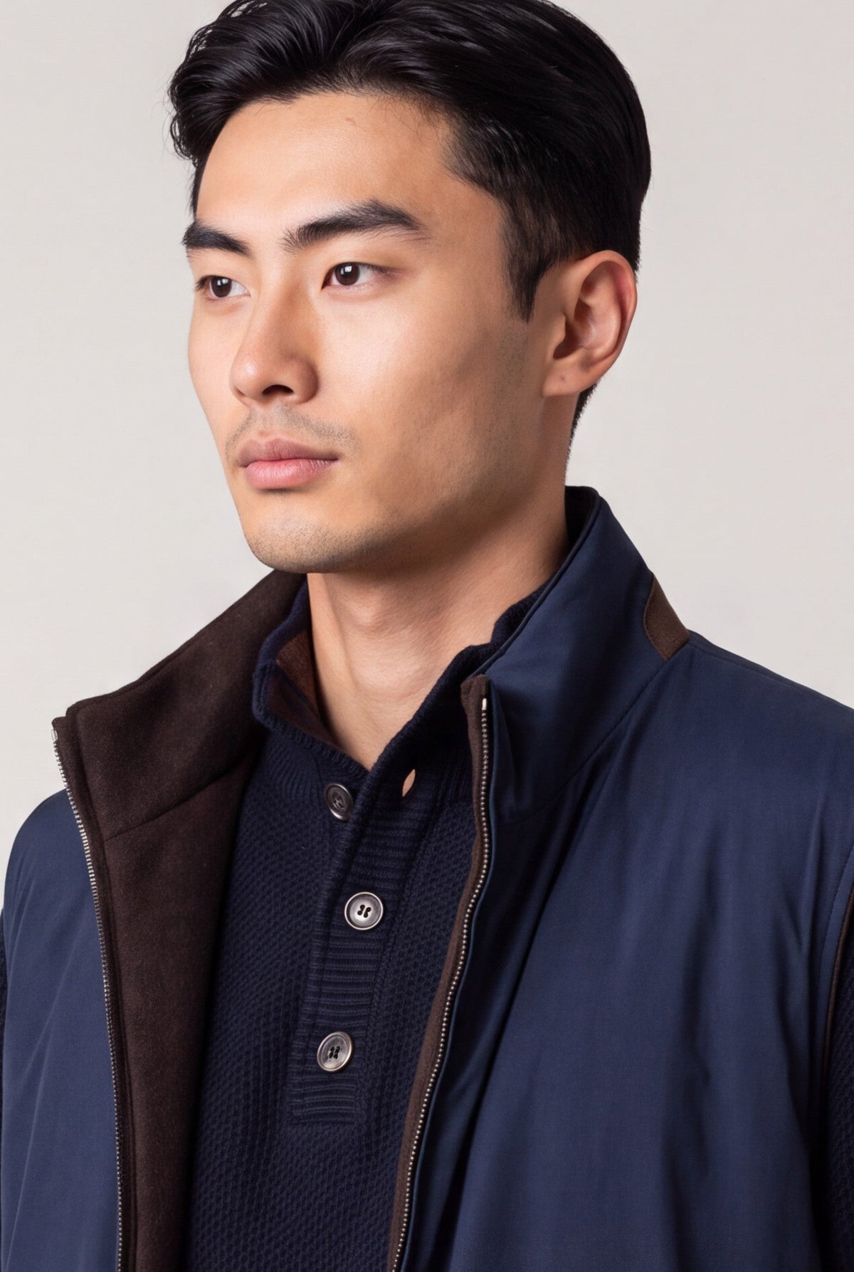 Gilet Reversibile in Tessuto Tecnico e Cashmere Navy/Caffè