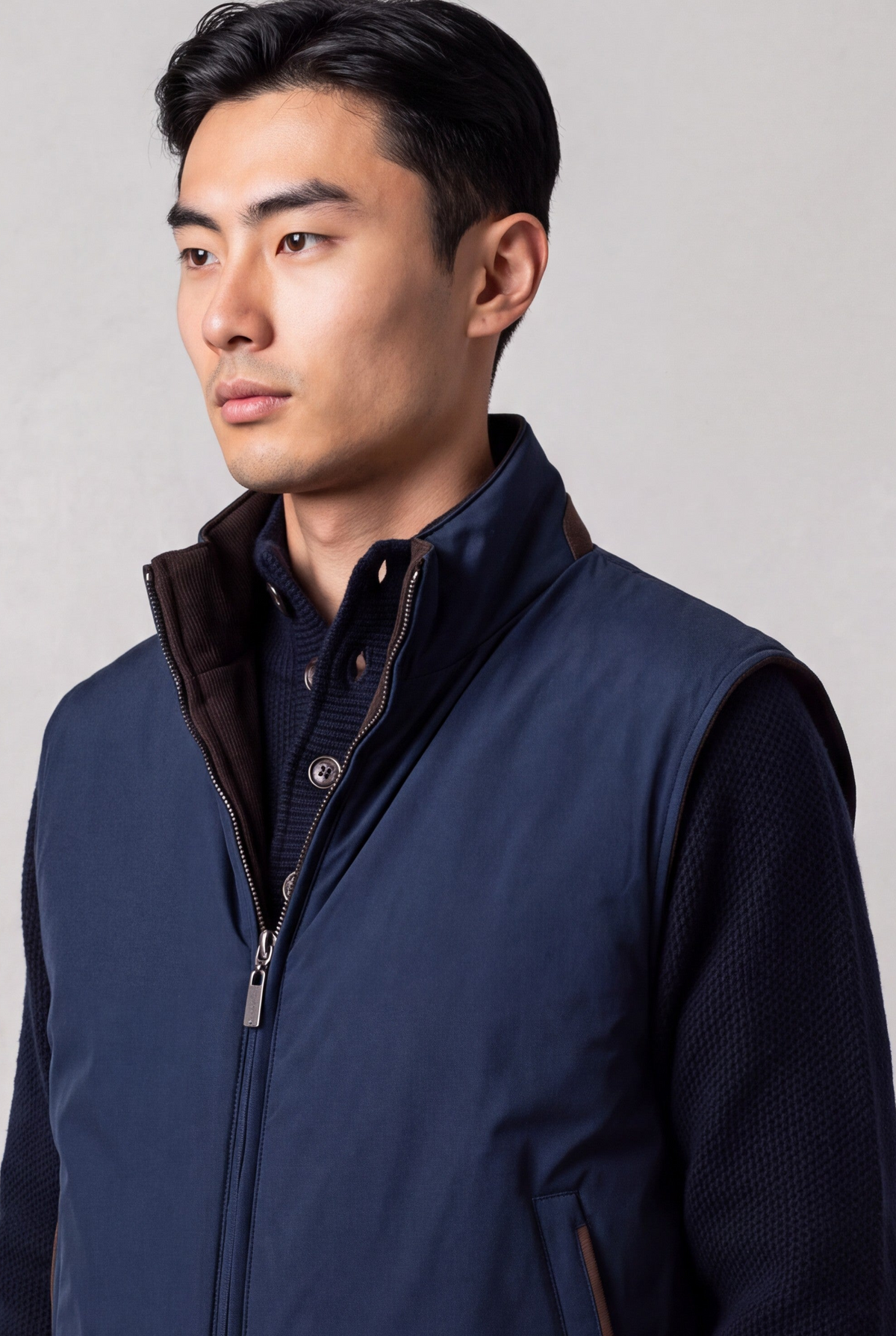 Gilet Reversibile in Tessuto Tecnico e Cashmere Navy/Caffè
