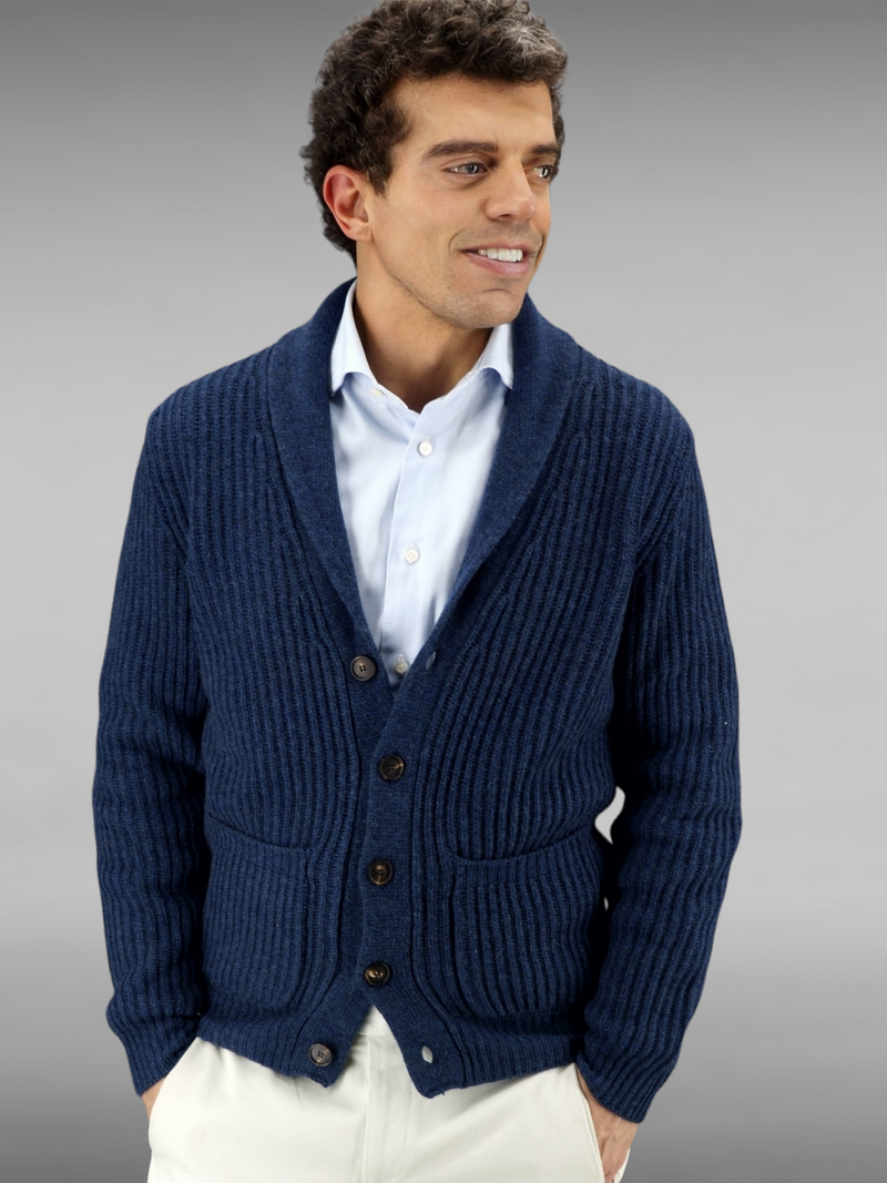 Shawl Collar Cardigan Blu 100% Cashmere
