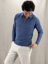 Long Sleeves Polo Denim 70% Linen 30% Silk