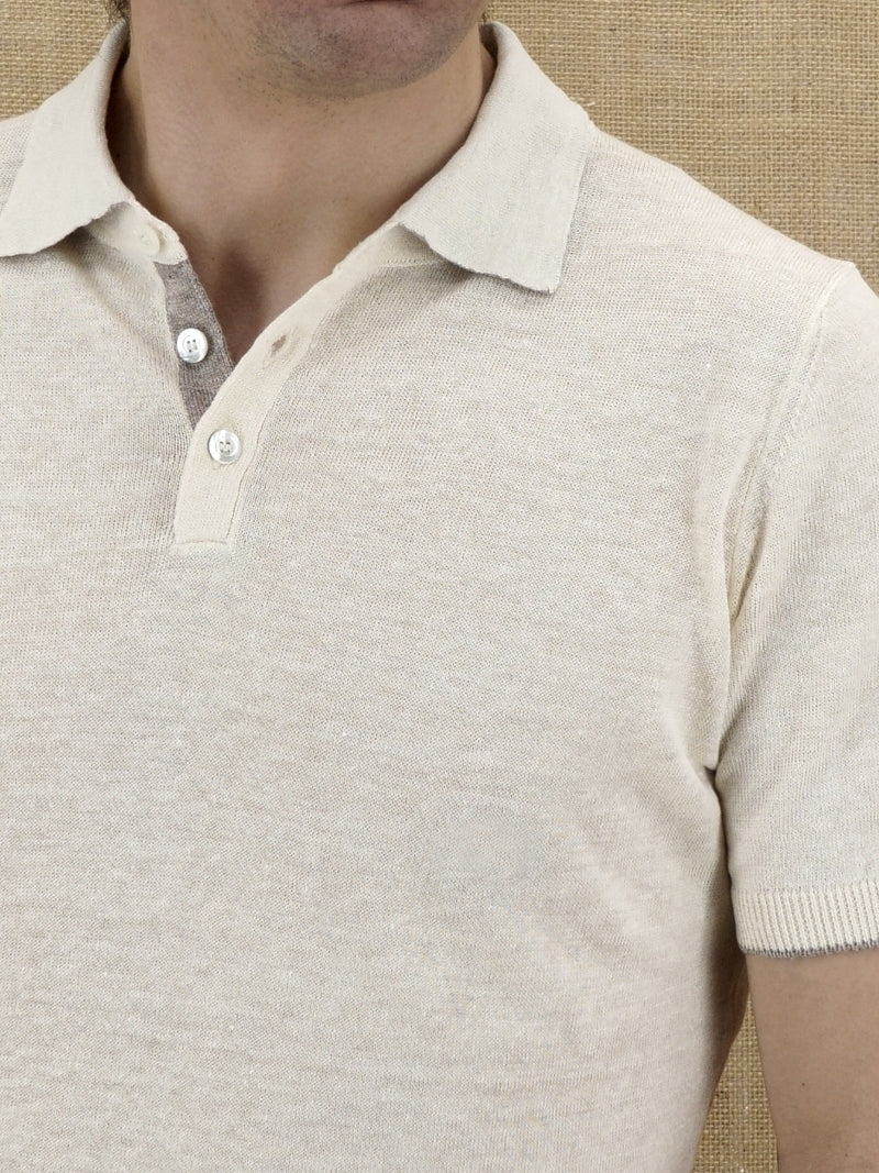 Knitted Polo Short Sleeves Panna 70% Linen 30% Silk