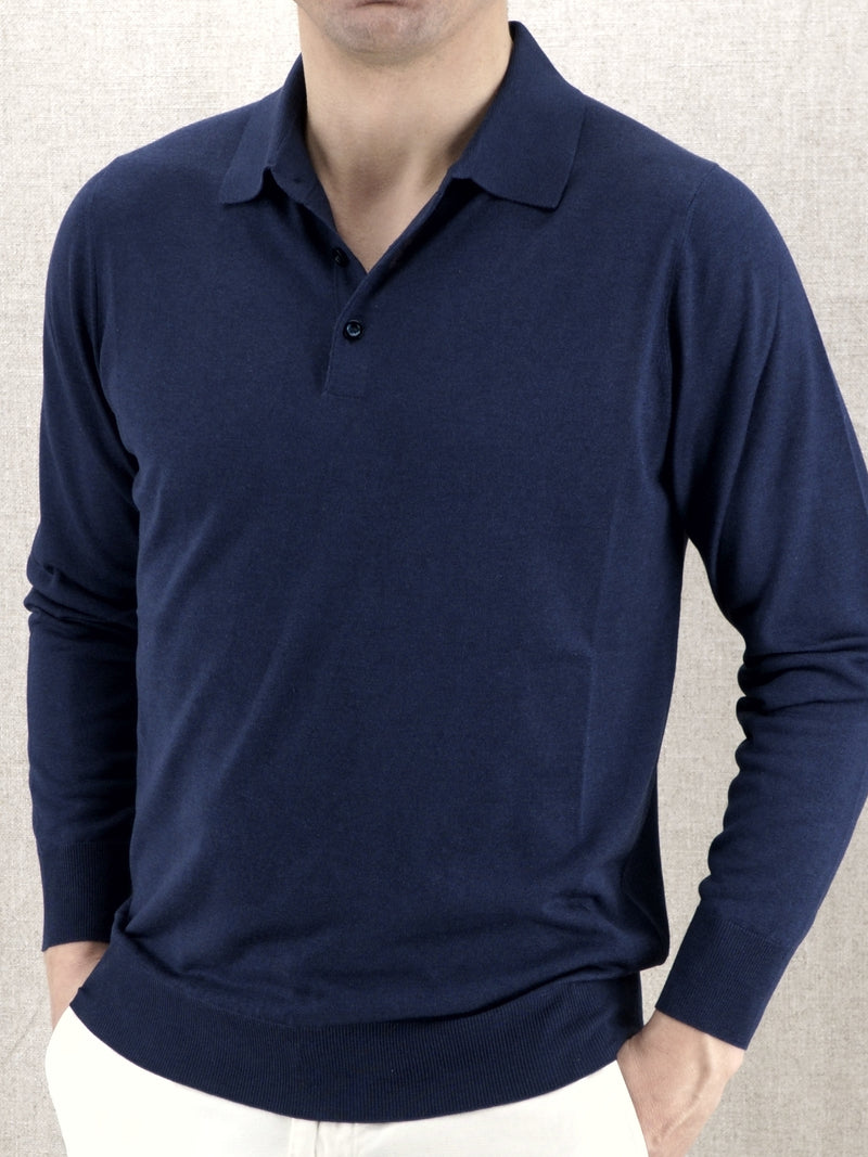 Knitted Polo Long Sleeves Midnight Blue 100% Silk