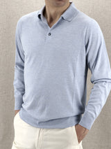 Knitted Polo Long Sleeves Bright Blue 100% Silk