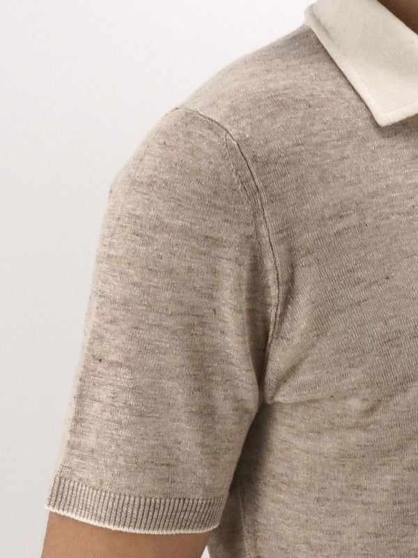 Knitted Polo Short Sleeves Burnt Brown 70% Linen 30% Silk