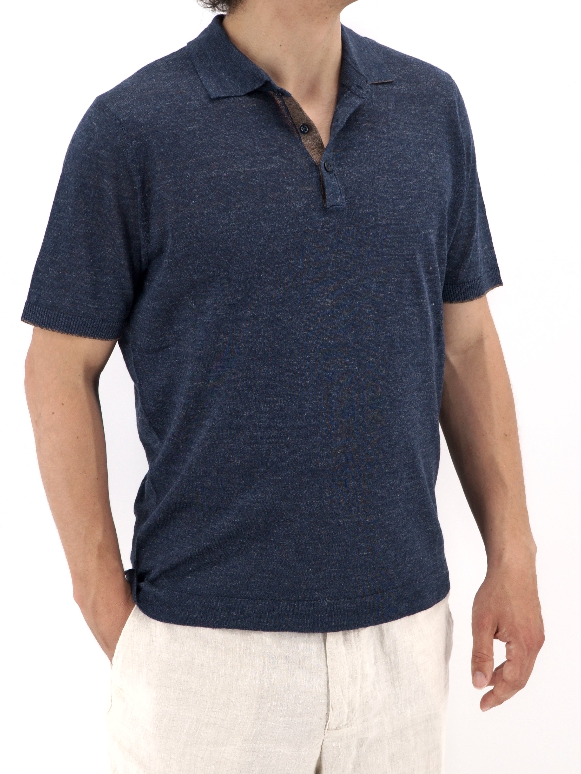 Knitted Polo Short Sleeves Denim 70% Linen 30% Silk