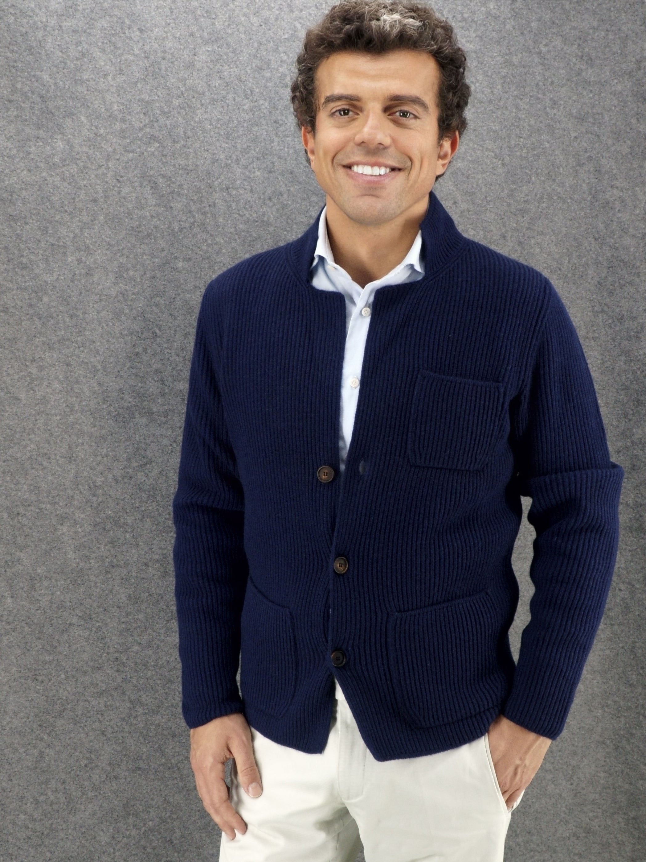 Ribs Jacket British Blue 100% Cashmere