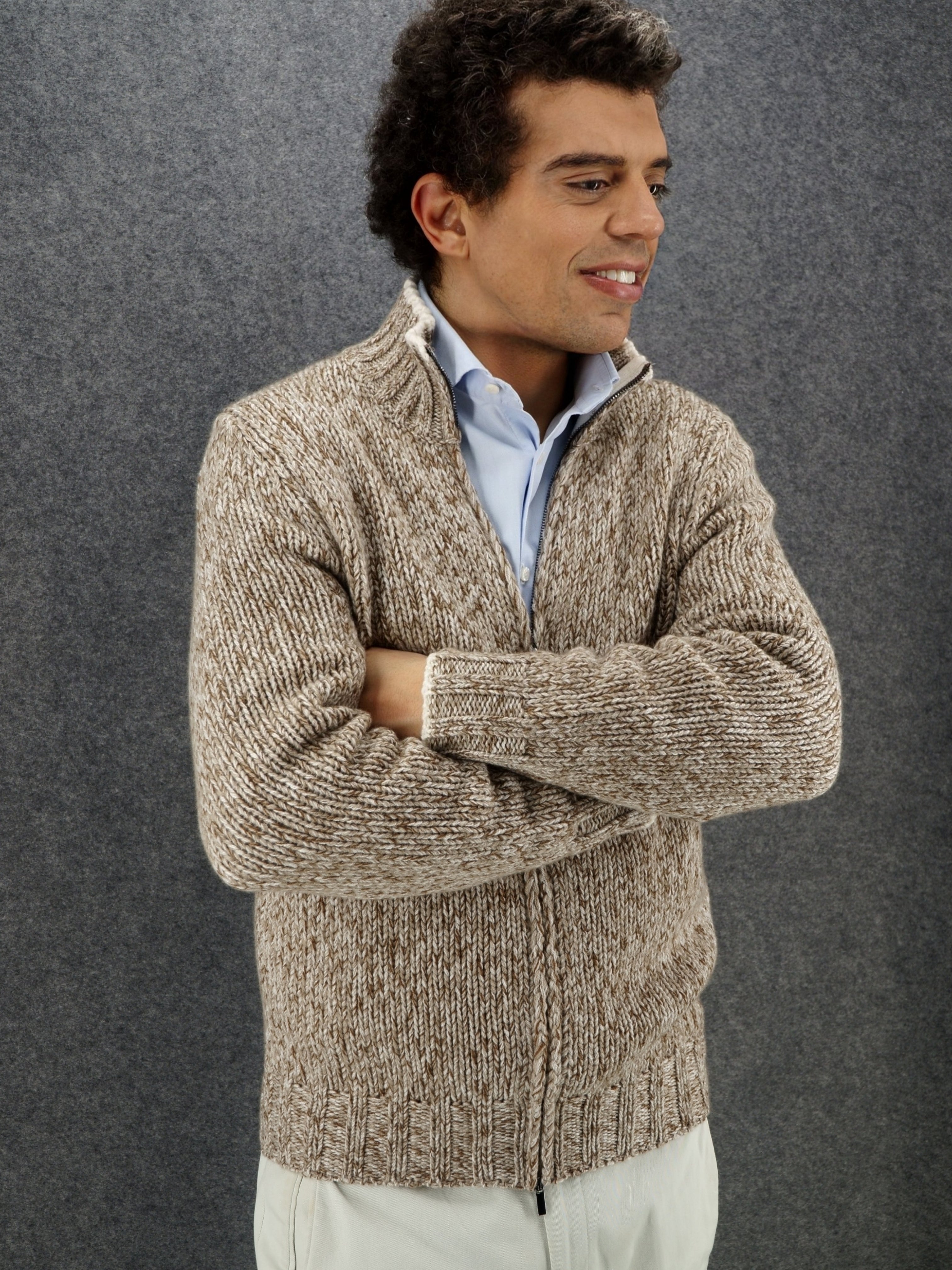 Full Zip Moulinè Nature 100% Cashmere