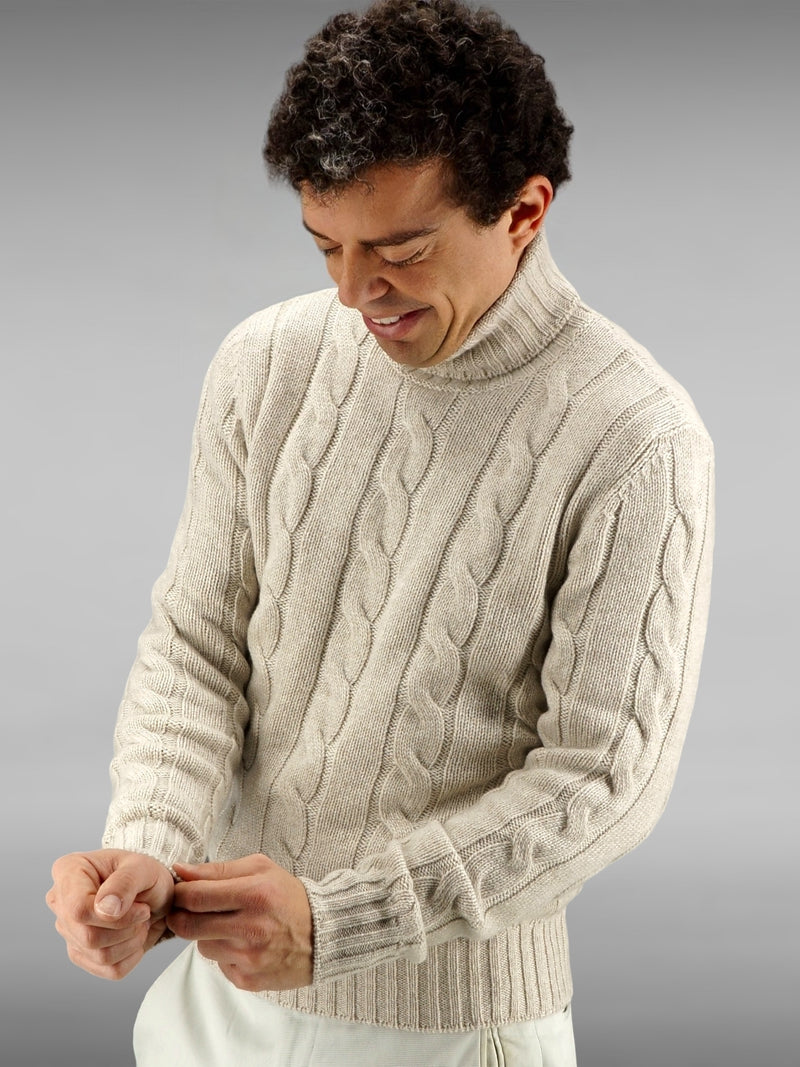 Wide Cable Turtleneck Natural Brown 100% Cashmere