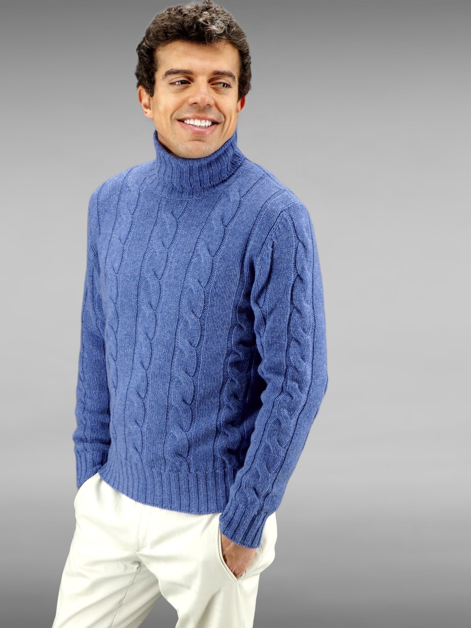 Wide Cable Turtleneck Blue Denim 100% Cashmere