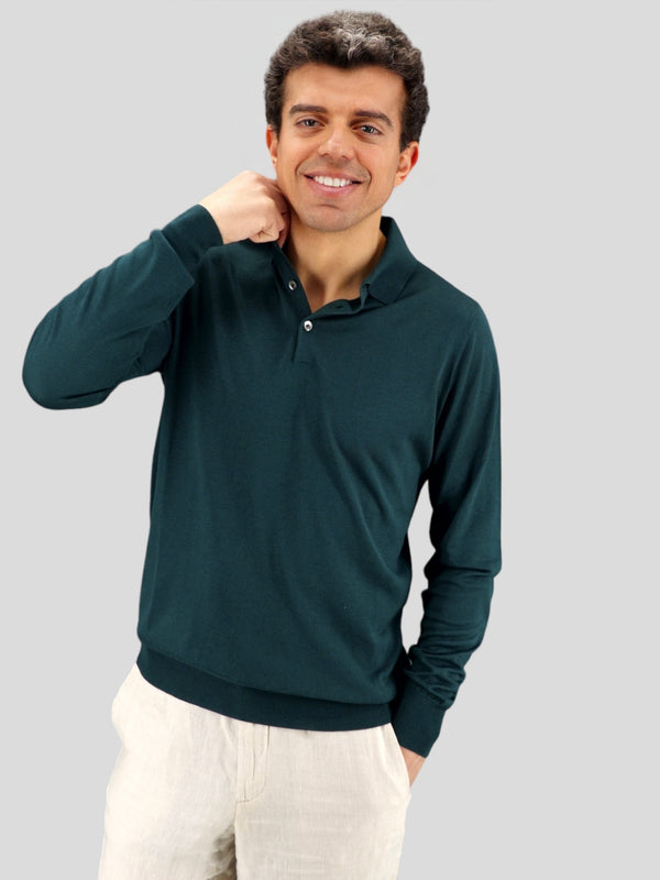 Knitted Polo Long Sleeves Verde 100% Silk