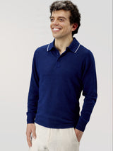 Long Sleeve Polo Shirt Blu 68% Linen 32% Cotton