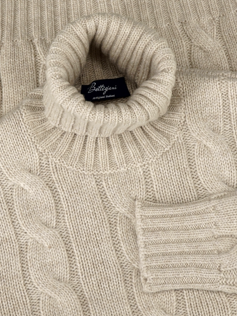 Wide Cable Turtleneck Natural Brown 100% Cashmere