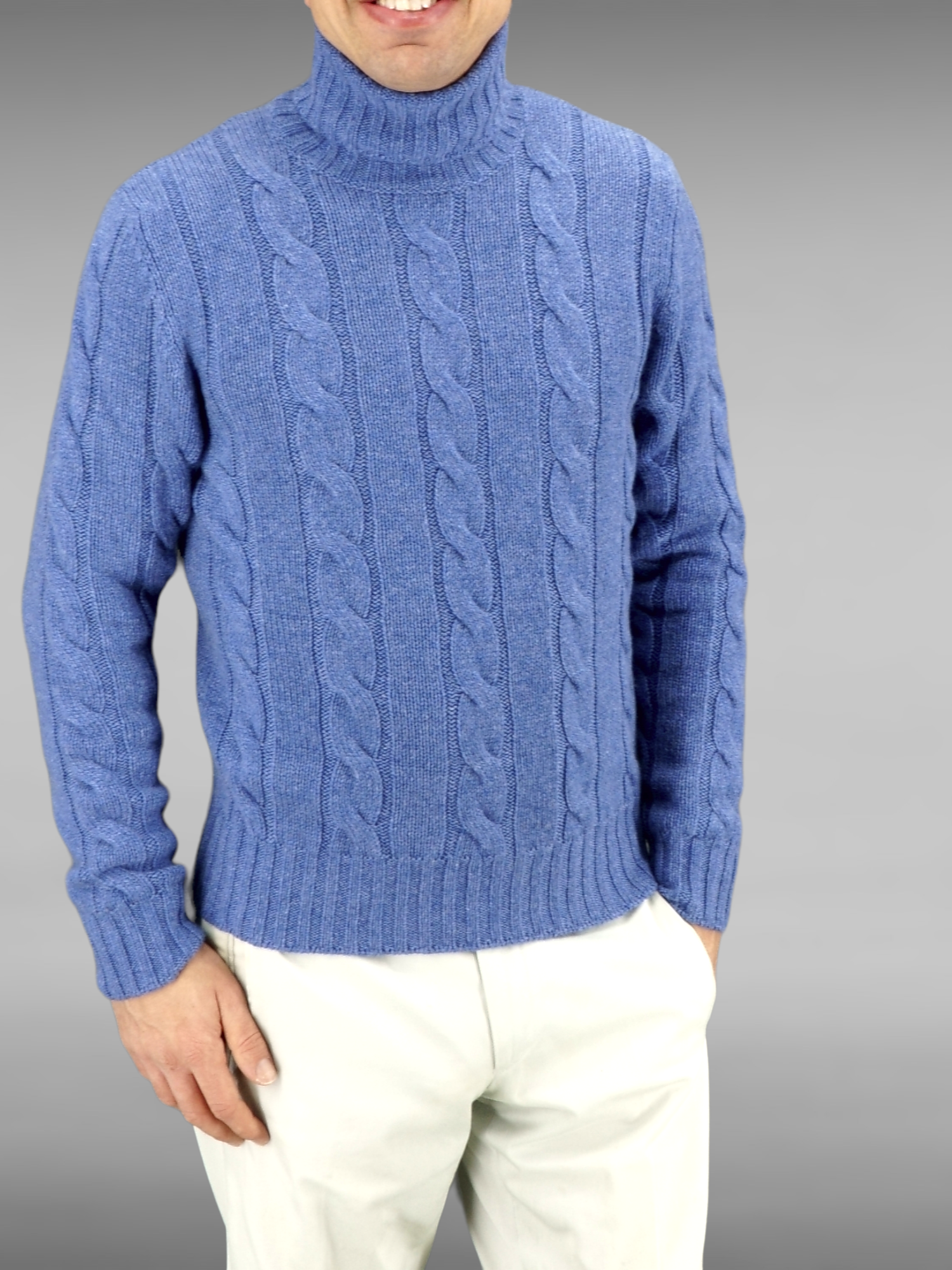 Wide Cable Turtleneck Blue Denim 100% Cashmere