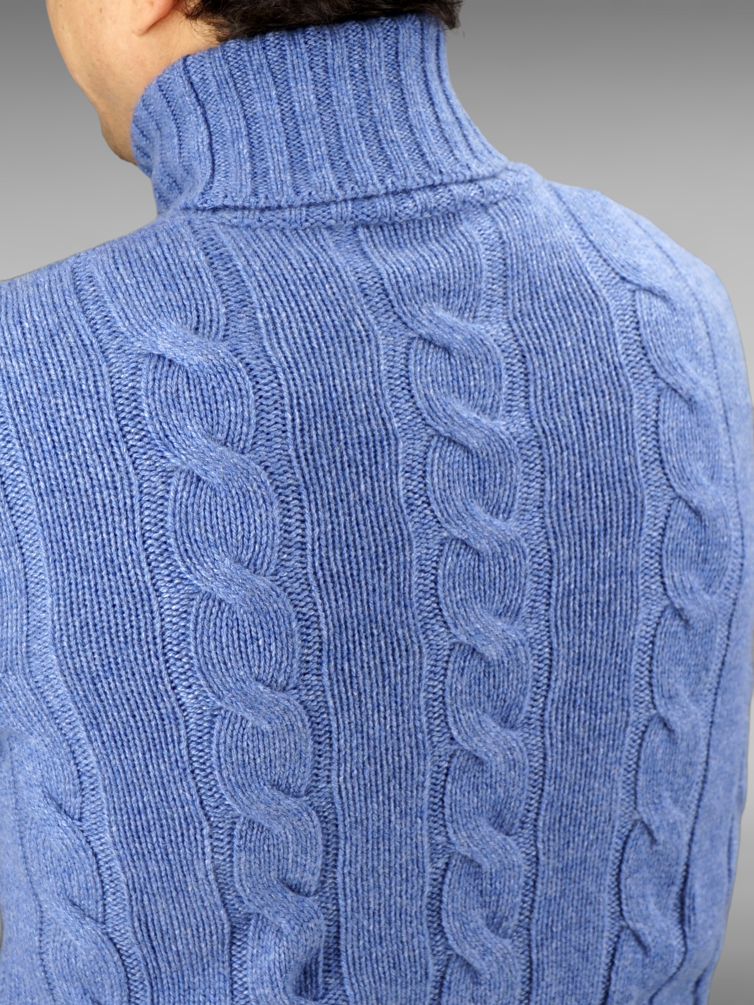 Wide Cable Turtleneck Blue Denim 100% Cashmere