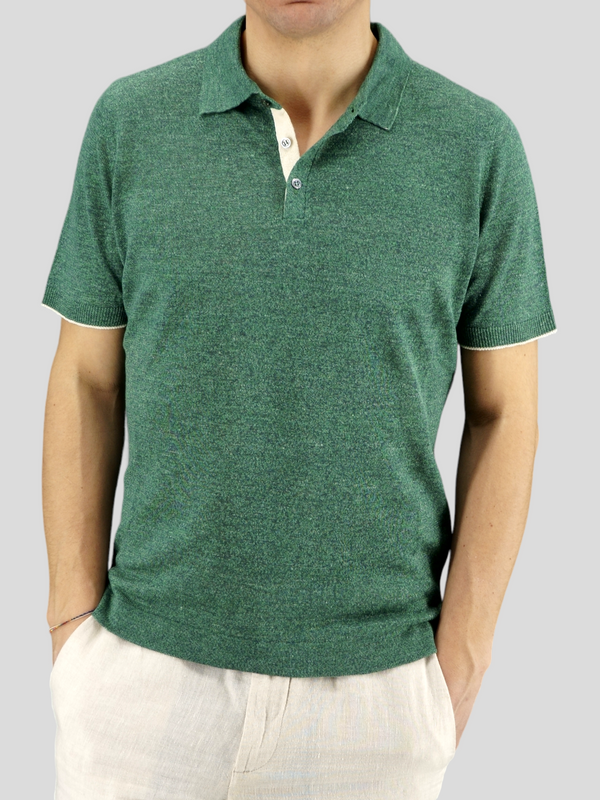 Knitted Polo Maniche Corte Verde 70% Lino 30% Seta