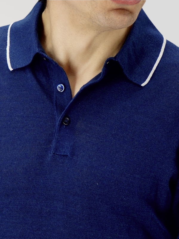 Long Sleeve Polo Shirt Blu 68% Linen 32% Cotton