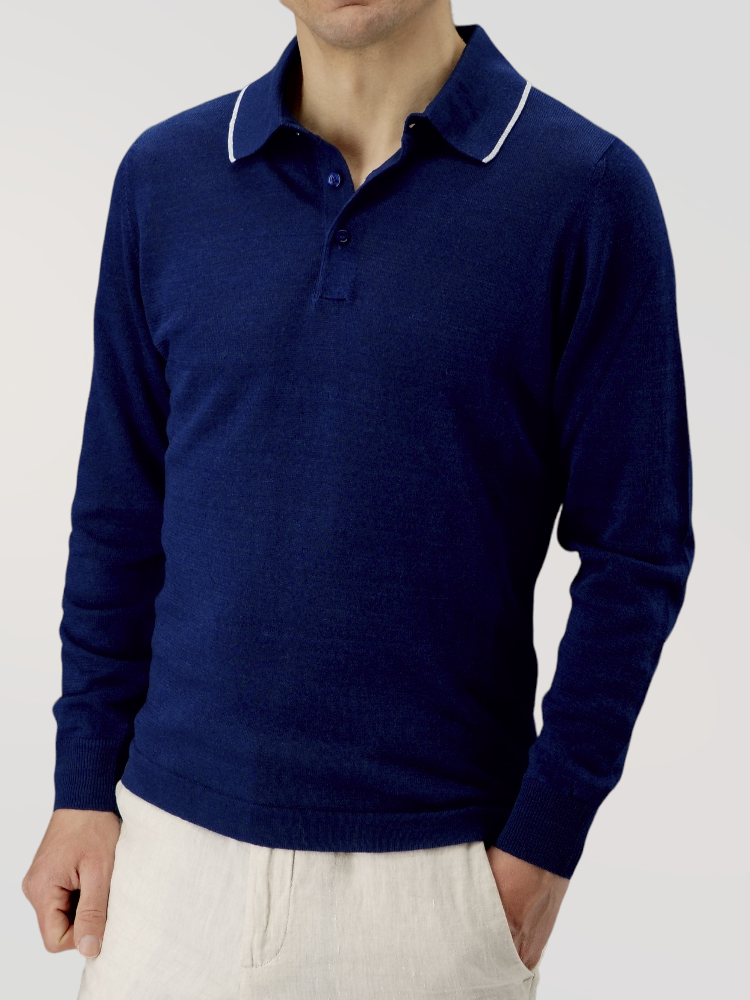 Long Sleeve Polo Shirt Blu 68% Linen 32% Cotton