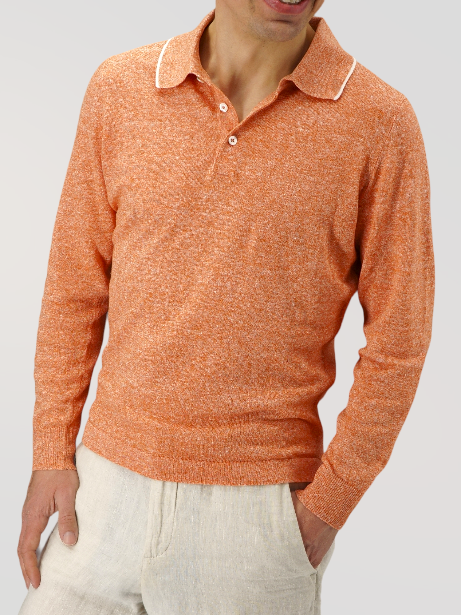 Polo Maniche Lunghe Arancio 68% Lino 32% Cotone