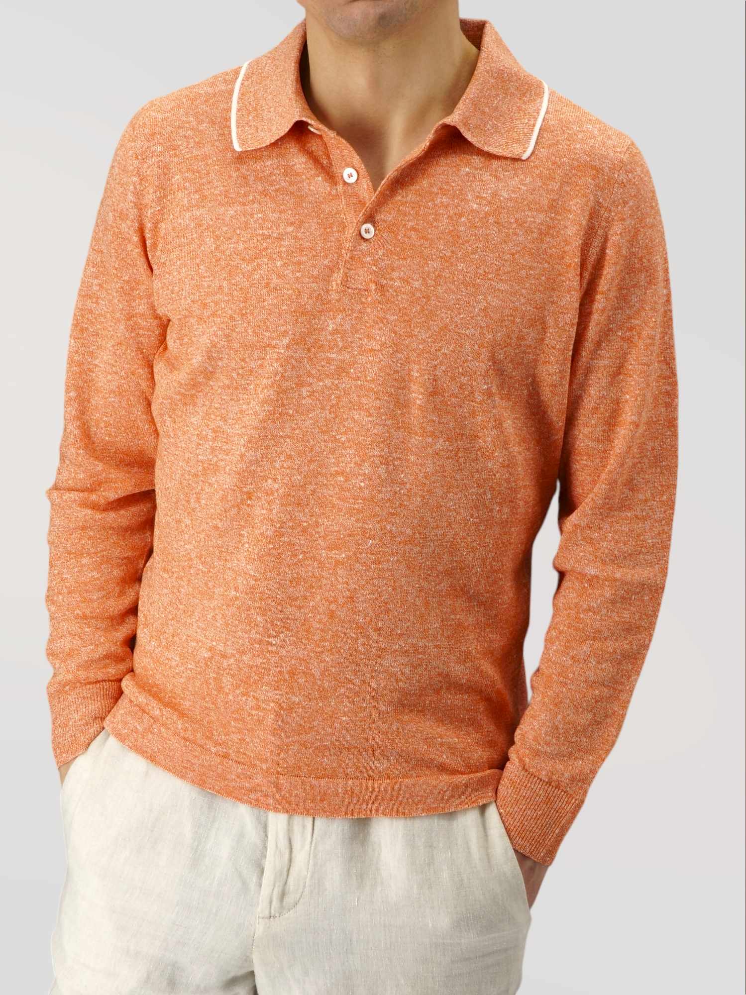 Long Sleeve Polo Shirt Orange 68% Linen 32% Cotton